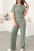 Ribbed Round Neckline Short Sleeve Wide Leg Pocketed Jumpsuit
